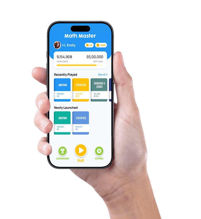 Hand holding a phone with the Math Master app open